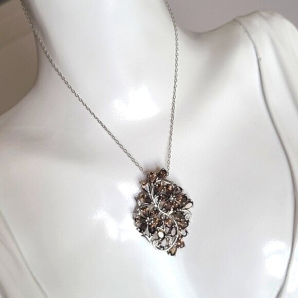 Vintage Sterling Silver Floral Filigree Smoky Quartz Crystal Pendant Necklace - Picture 3 of 16